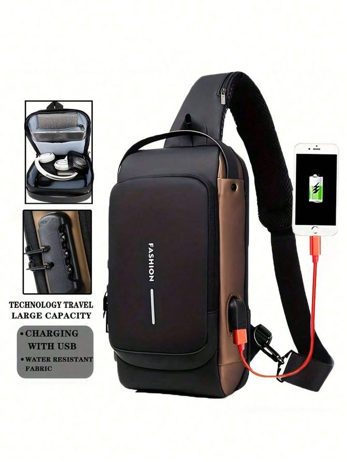 Blue & Brown | Multifunction Anti-Theft USB Charging Crossbody Shoulder Bag | Stylish, Secure, and Ready for Adventures - Image 7
