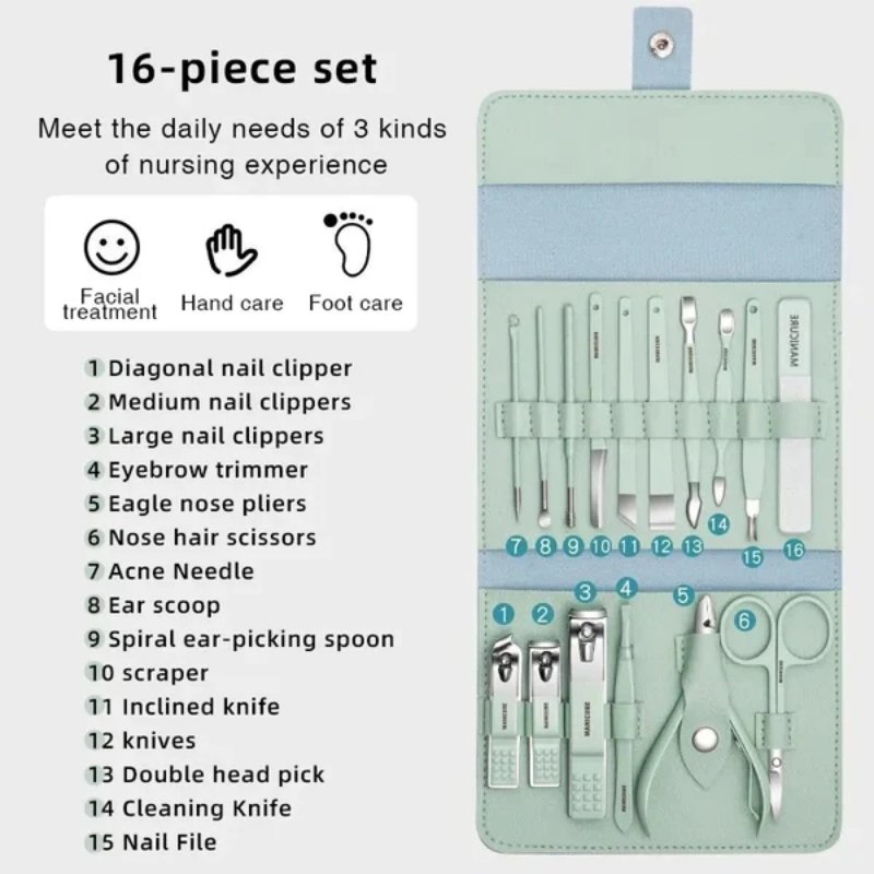 16 Pcs Stainless Steel Manicure & Pedicure Set | Travel Grooming Kit with Leather Case - Image 3